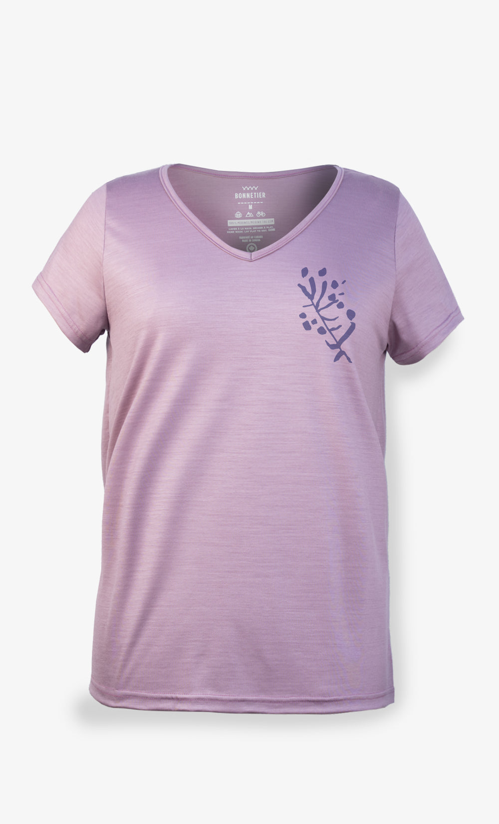 T-shirt V-neck mauve pâle pour femme en mérinos avec imprimé floral BONNETIER