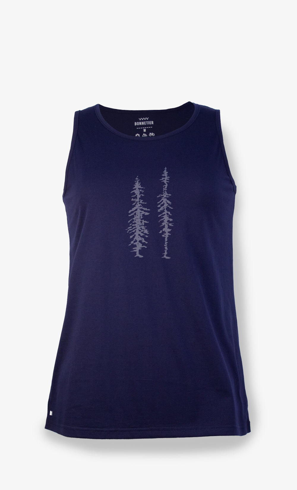 Camisole femme marine en coton biologique avec imprimé Arbre Pixel BONNETIER fabriquée au Canada