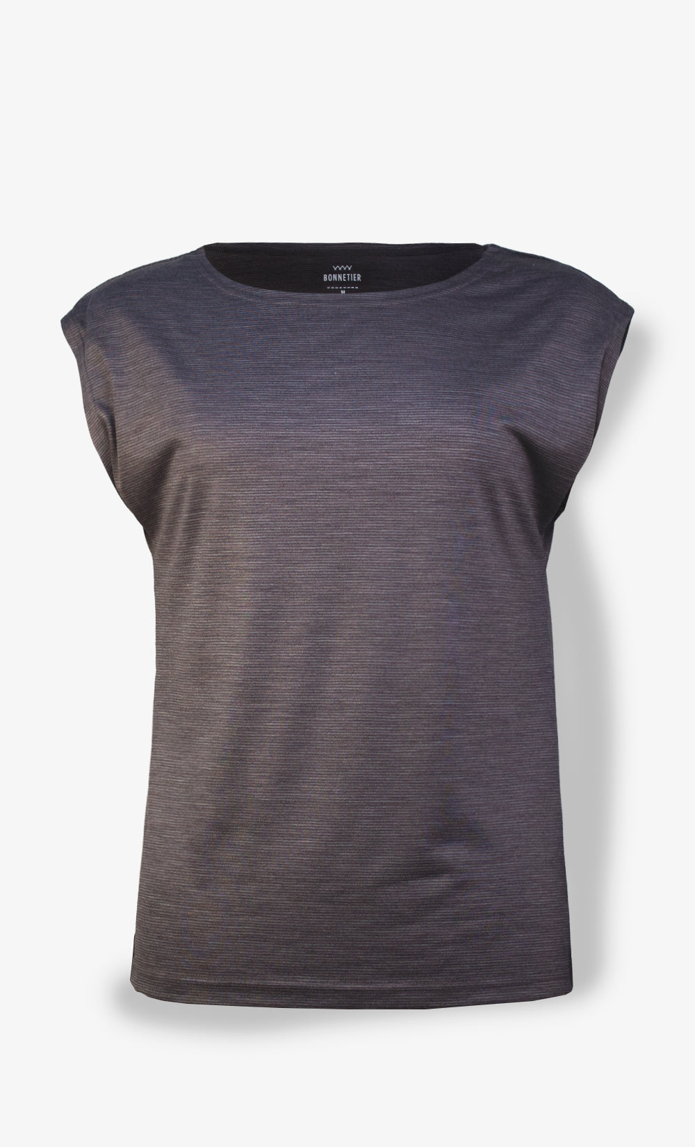 T-shirt femme en laine de mérinos rayé mauve et gris coupe ample BONNETIER ultra léger fabriqué au Canada