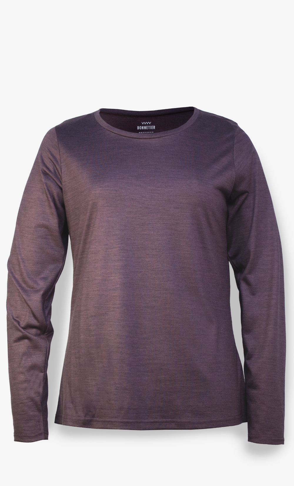 Chandail manches longues femme en laine de mérinos aubergine chiné sans imprimé fabriqué au Canada par BONNETIER.