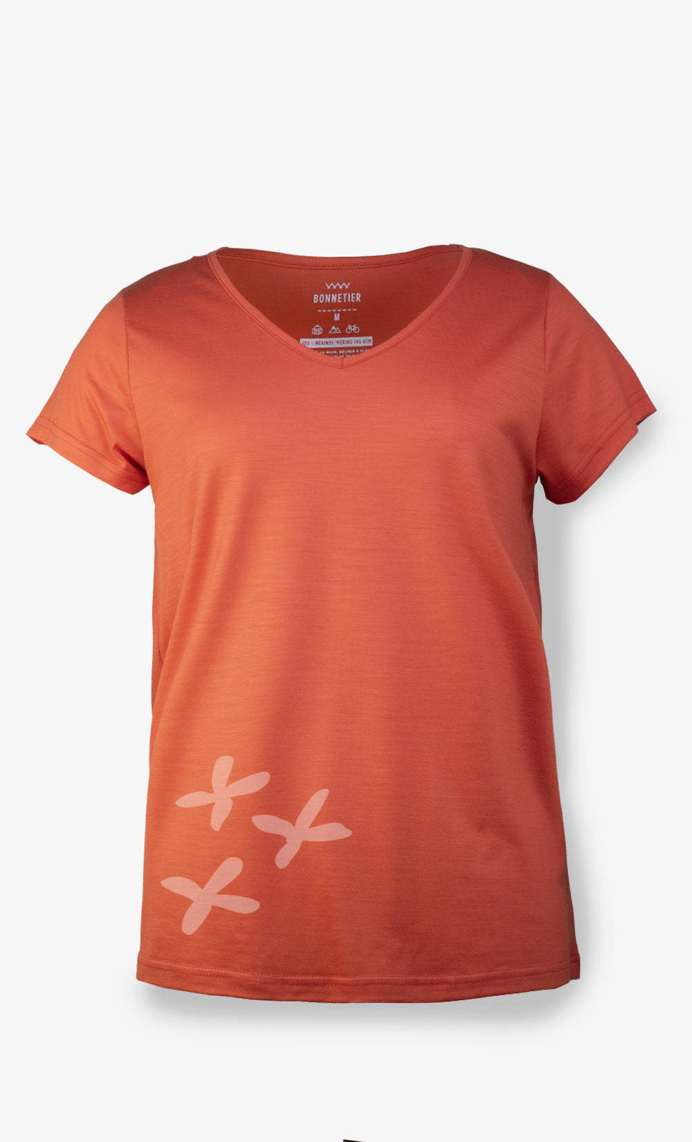 T-shirt femme en laine de mérinos rouge-orange avec imprimé marguerite, col en V et manches courtes, BONNETIER fabriqué au Canada.
