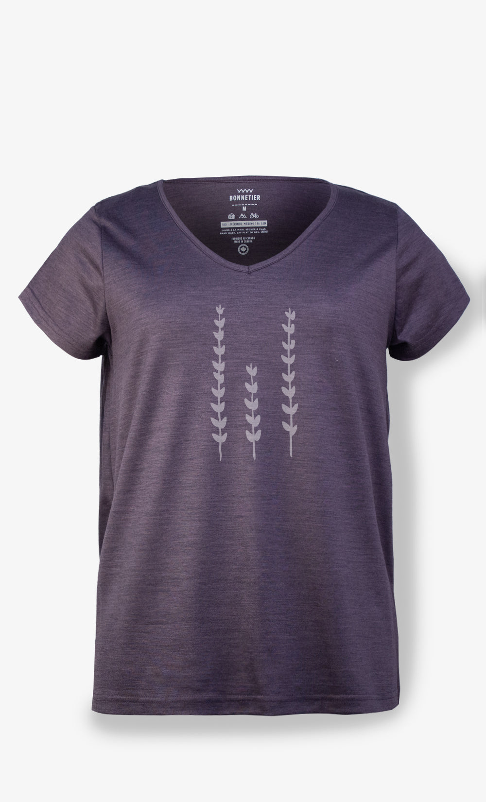 T-shirt femme en laine de mérinos aubergine chiné avec col V et imprimé herbe BONNETIER fabriqué au Canada.