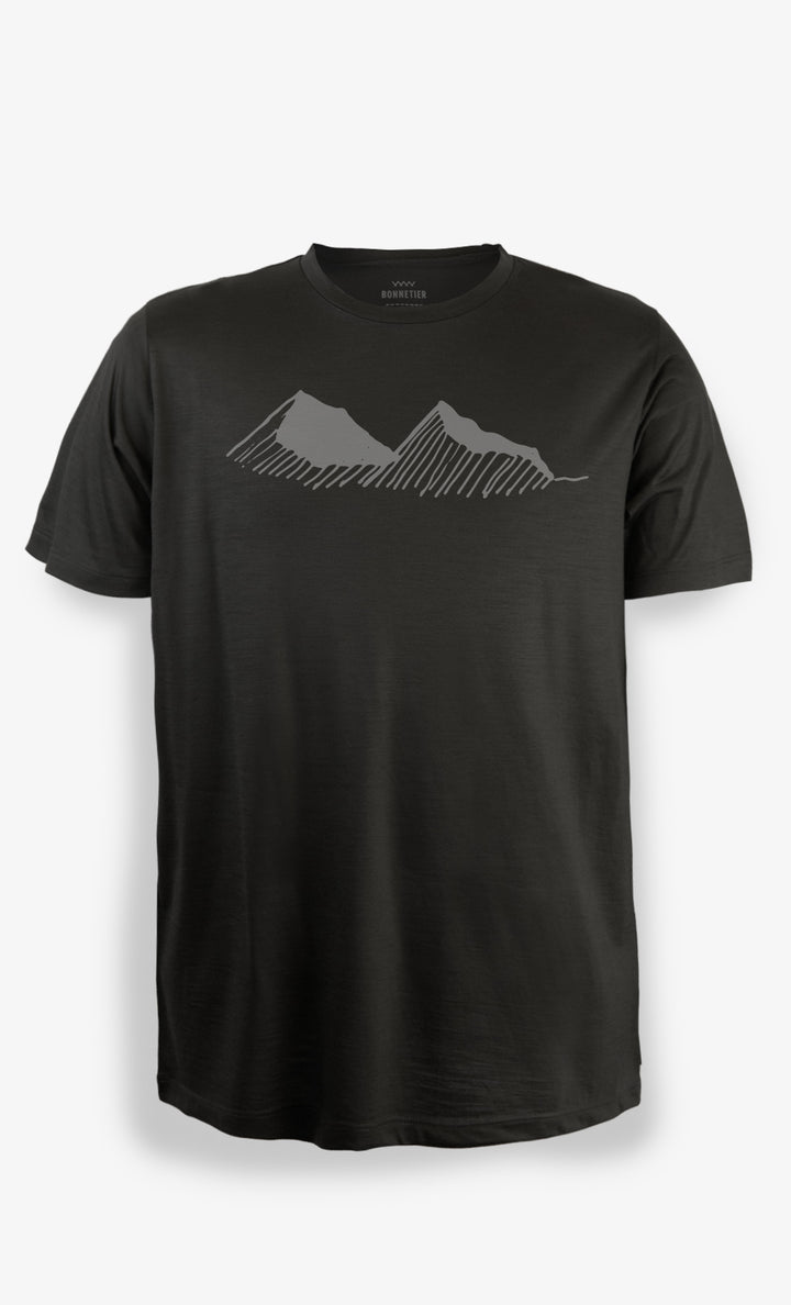 T-Shirt Mérinos Homme Noir Ultra Léger - Montagne Sketch