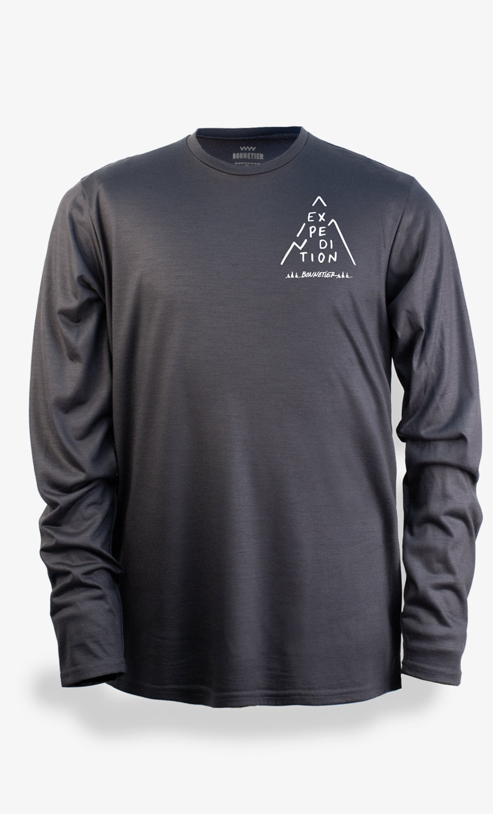 Haut à manches longues noir pour homme, en laine mérinos, avec logo graphique blanc « Expédition » sur la poitrine.