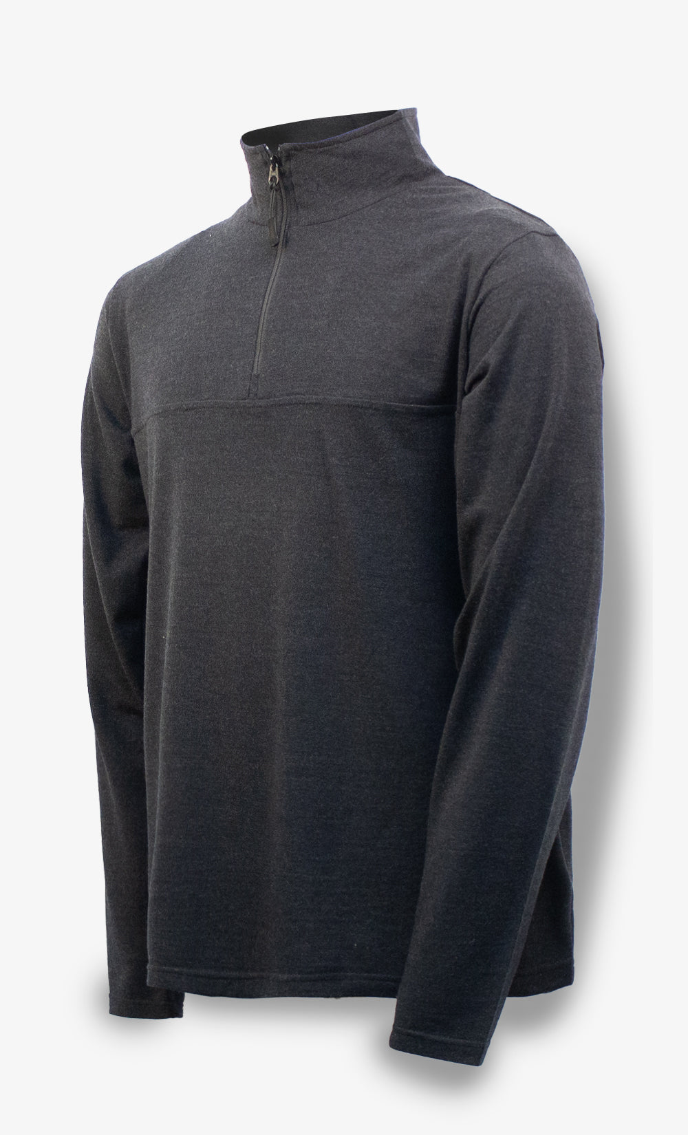 Demi-zip en laine mérinos flanelle noir chiné pour homme avec col montant et fermeture éclair, fabriqué au Canada.