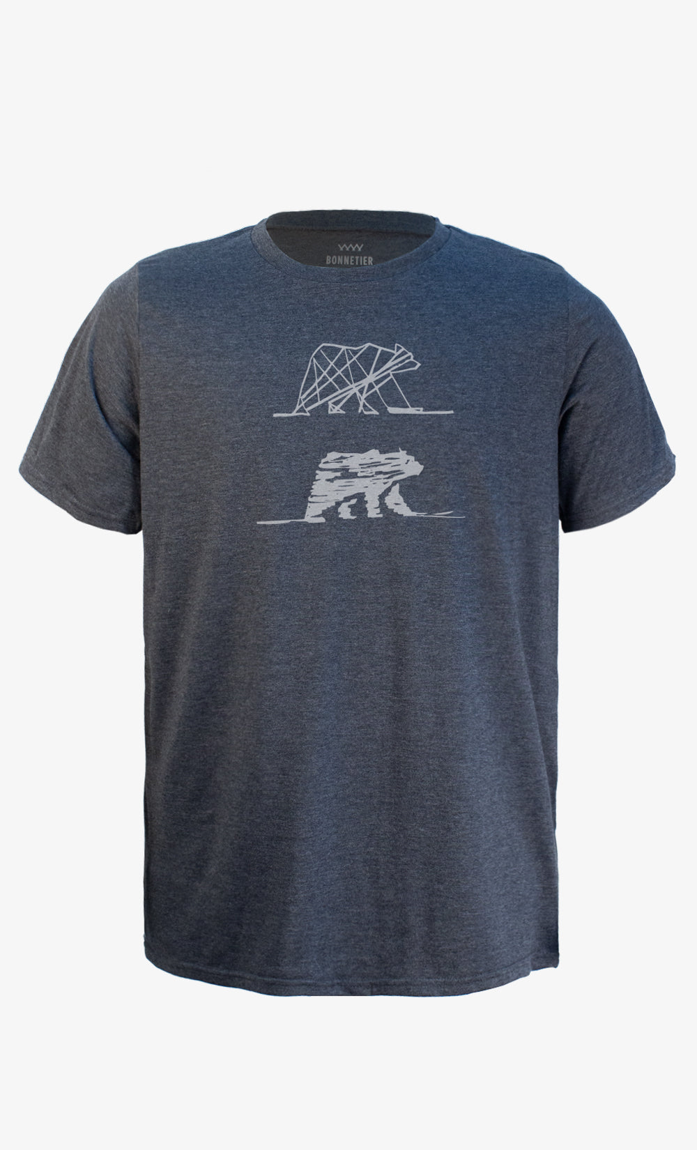 T-shirt charcoal BONNETIER avec imprimé graphique deux ours, coton biologique et polyester recyclé fabriqué au Canada