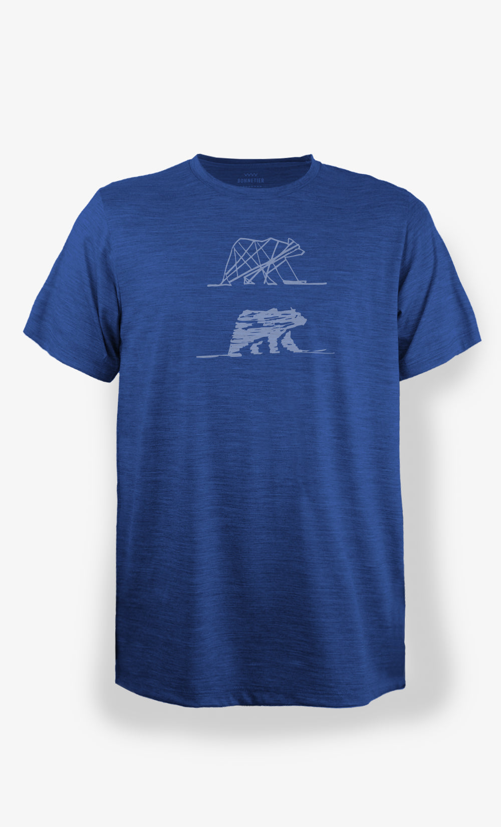 T-shirt homme en laine de mérinos bleu chiné avec imprimé deux ours BONNETIER