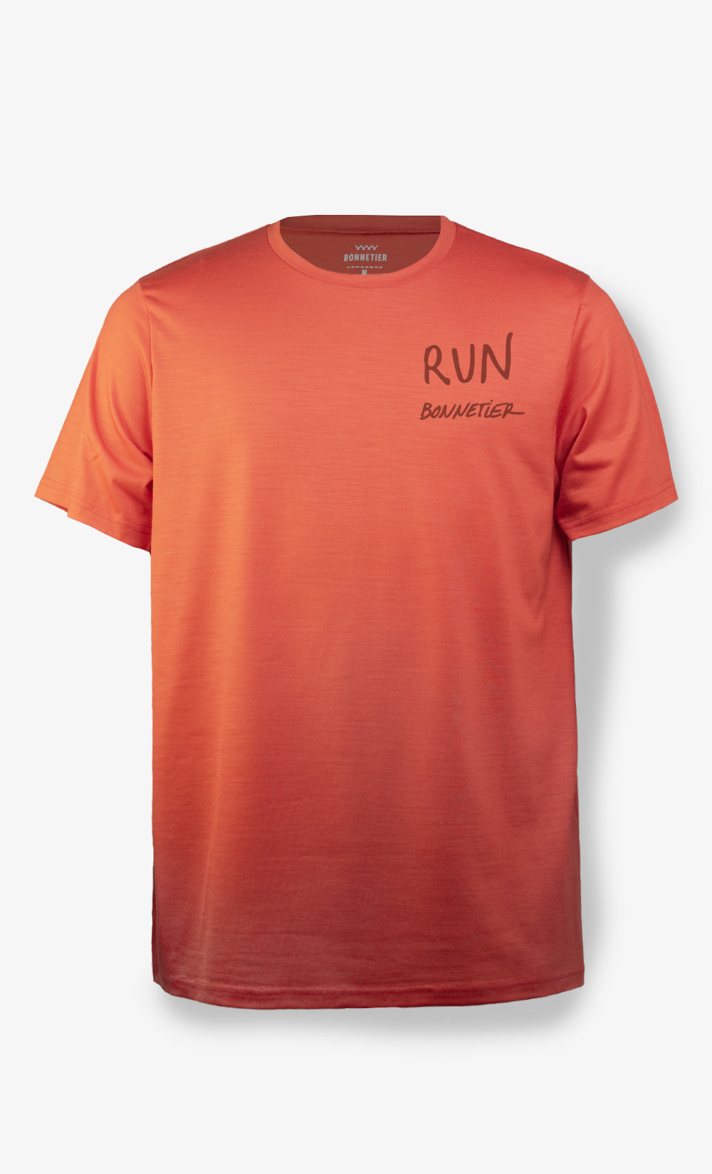 T-shirt homme en laine de mérinos rouge orange avec imprimé RUN Bonnetier